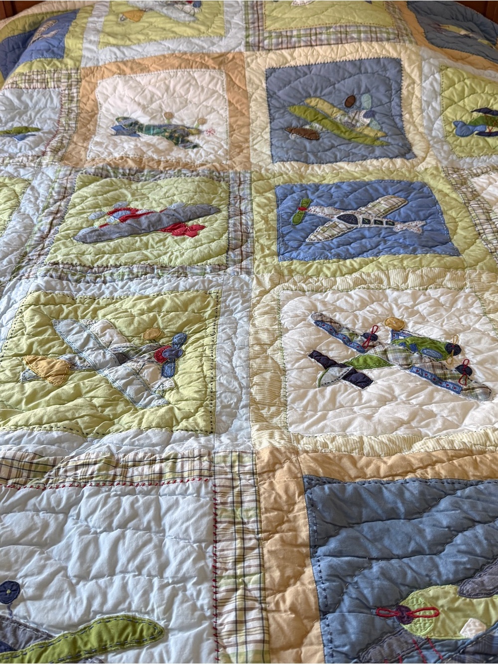 Pottery Barn Kids Airplane Patchwork Quilt in Yellow, Blue, Cream